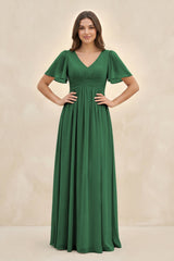 Short Sleeve Chiffon V - Neck A - Line Bridesmaid Dress in Dark Green - KissProm Bridesmaid Dresses