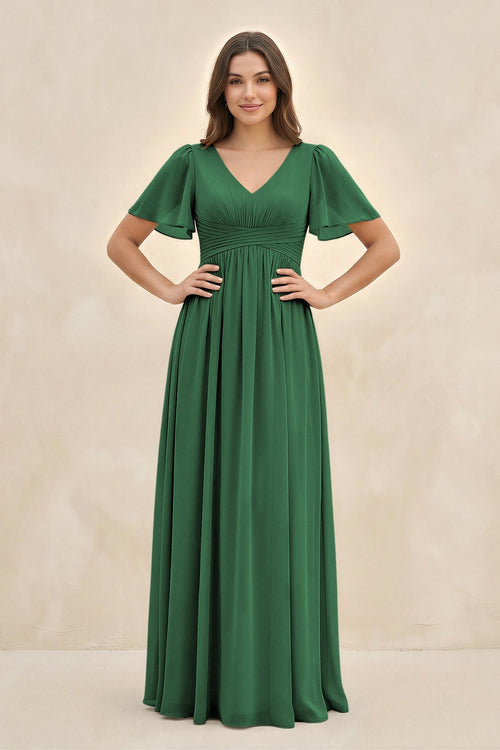 Short Sleeve Chiffon V - Neck A - Line Bridesmaid Dress in Dark Green - KissProm Bridesmaid Dresses