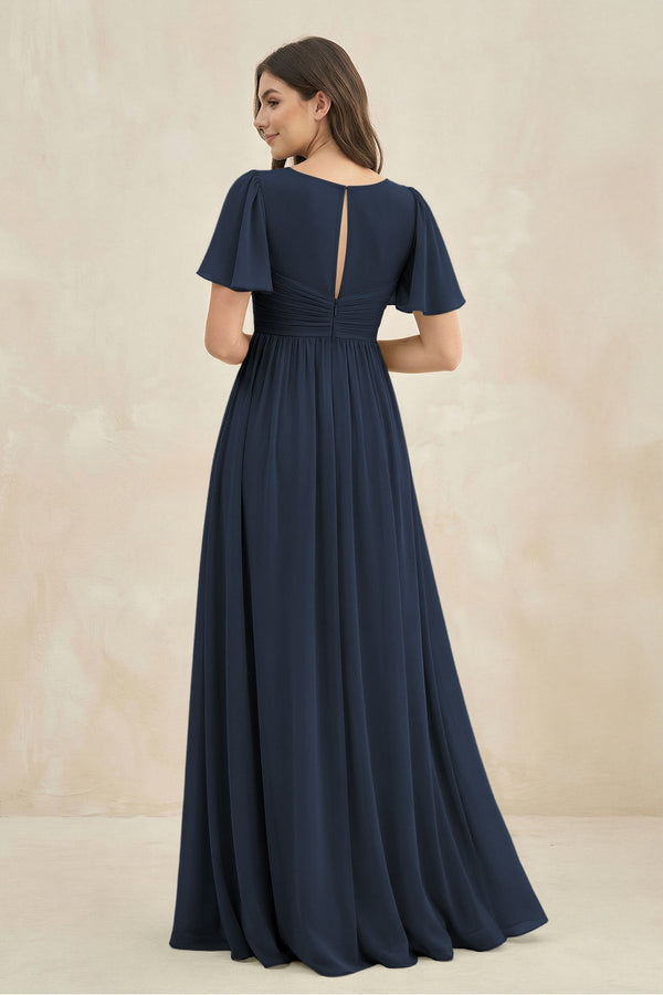 Short Sleeve Chiffon V - Neck A - Line Bridesmaid Dress in Dark Navy - KissProm Bridesmaid Dresses