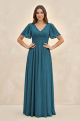 Short Sleeve Chiffon V - Neck A - Line Bridesmaid Dress in Dark Teal - KissProm Bridesmaid Dresses