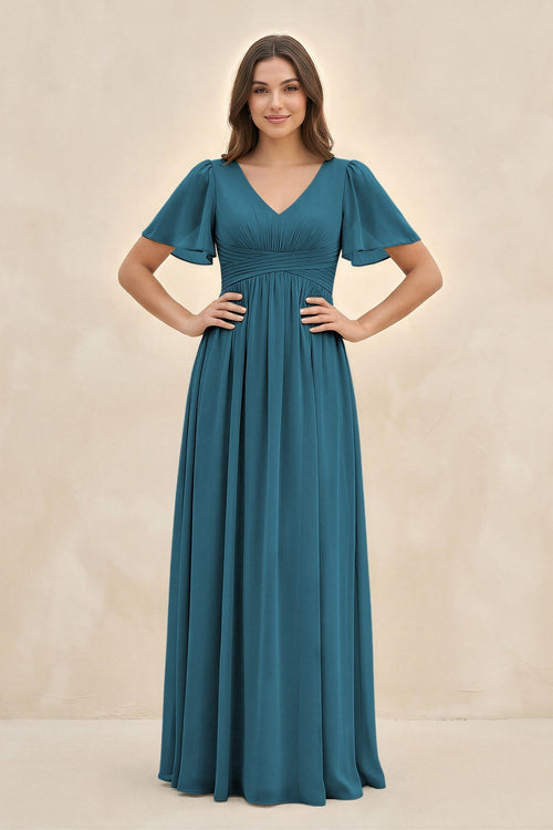 Short Sleeve Chiffon V - Neck A - Line Bridesmaid Dress in Dark Teal - KissProm Bridesmaid Dresses
