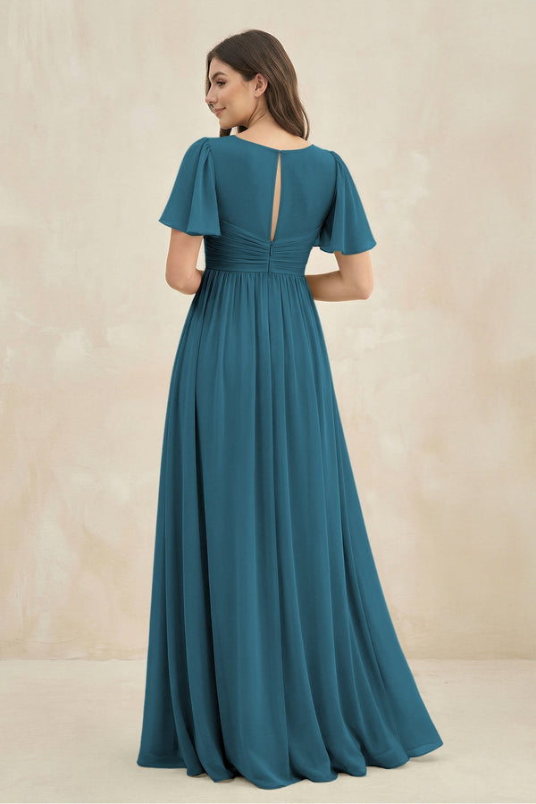 Short Sleeve Chiffon V - Neck A - Line Bridesmaid Dress in Dark Teal - KissProm Bridesmaid Dresses