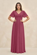 Short Sleeve Chiffon V - Neck A - Line Bridesmaid Dress in Desert Rose - KissProm Bridesmaid Dresses