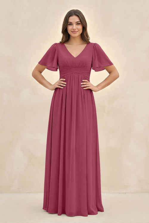 Short Sleeve Chiffon V - Neck A - Line Bridesmaid Dress in Desert Rose - KissProm Bridesmaid Dresses