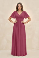 Short Sleeve Chiffon V - Neck A - Line Bridesmaid Dress in Desert Rose - KissProm Bridesmaid Dresses