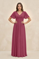 Short Sleeve Chiffon V - Neck A - Line Bridesmaid Dress in Desert Rose - KissProm Bridesmaid Dresses