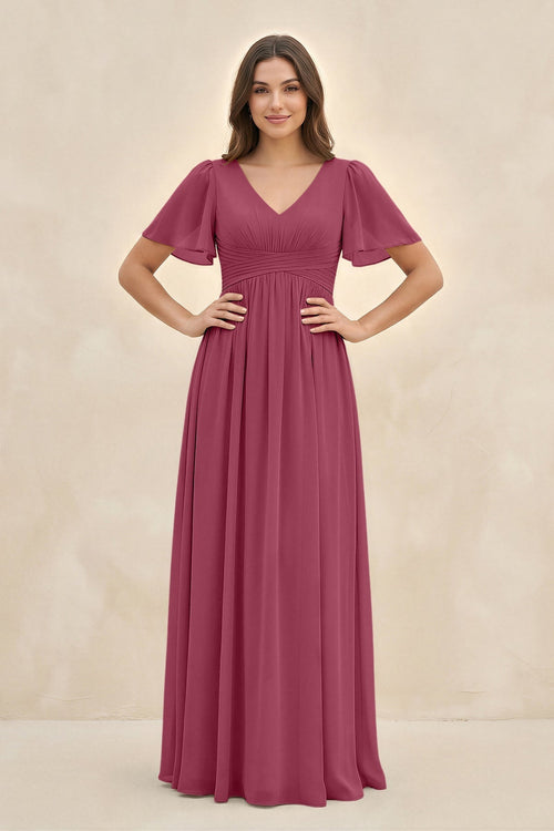 Short Sleeve Chiffon V - Neck A - Line Bridesmaid Dress in Desert Rose - KissProm Bridesmaid Dresses