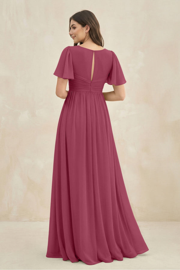 Short Sleeve Chiffon V - Neck A - Line Bridesmaid Dress in Desert Rose - KissProm Bridesmaid Dresses