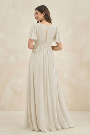 Short Sleeve Chiffon V - Neck A - Line Bridesmaid Dress in Dove Gray - KissProm Bridesmaid Dresses