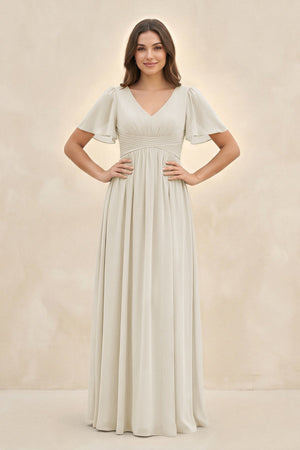 Short Sleeve Chiffon V - Neck A - Line Bridesmaid Dress in Dove Gray - KissProm Bridesmaid Dresses