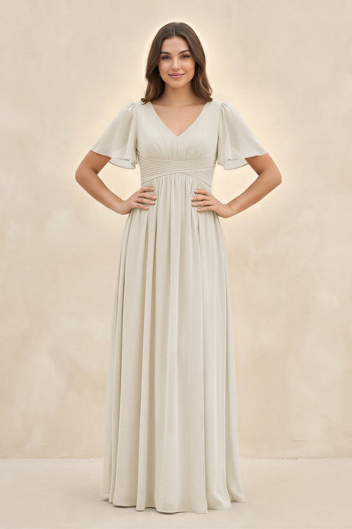 Short Sleeve Chiffon V - Neck A - Line Bridesmaid Dress in Dove Gray - KissProm Bridesmaid Dresses