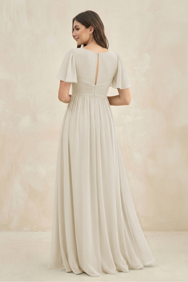 Short Sleeve Chiffon V - Neck A - Line Bridesmaid Dress in Dove Gray - KissProm Bridesmaid Dresses