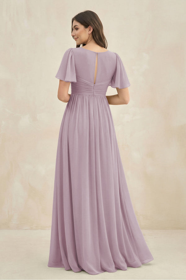 Short Sleeve Chiffon V-Neck A-Line Bridesmaid Dress in Dusk - KissProm BRIDESMAID DRESSES