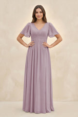 Short Sleeve Chiffon V-Neck A-Line Bridesmaid Dress in Dusk - KissProm BRIDESMAID DRESSES