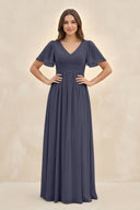 Short Sleeve Chiffon V - Neck A - Line Bridesmaid Dress in Dusk Blue - KissProm Bridesmaid Dresses