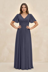 Short Sleeve Chiffon V - Neck A - Line Bridesmaid Dress in Dusk Blue - KissProm Bridesmaid Dresses