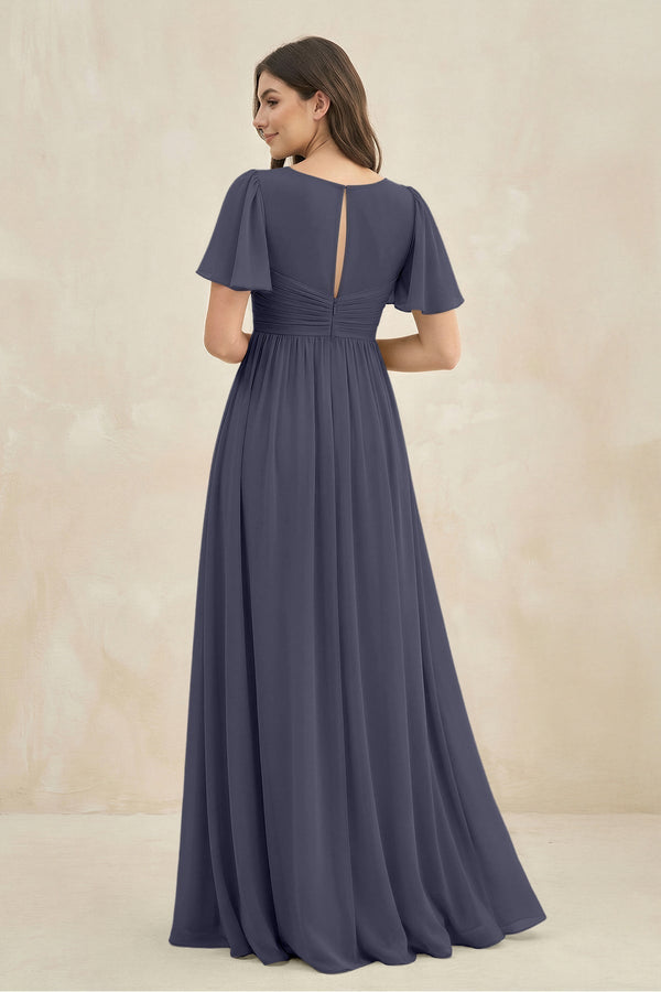Short Sleeve Chiffon V - Neck A - Line Bridesmaid Dress in Dusk Blue - KissProm Bridesmaid Dresses