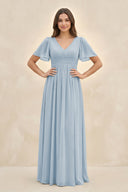 Short Sleeve Chiffon V - Neck A - Line Bridesmaid Dress in Dusty Blue - KissProm Bridesmaid Dresses