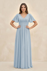 Short Sleeve Chiffon V - Neck A - Line Bridesmaid Dress in Dusty Blue - KissProm Bridesmaid Dresses