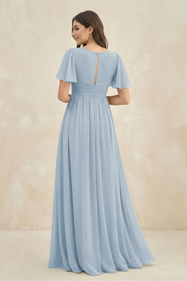 Short Sleeve Chiffon V - Neck A - Line Bridesmaid Dress in Dusty Blue - KissProm Bridesmaid Dresses