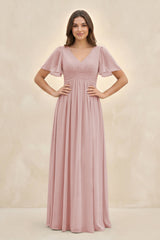 Short Sleeve Chiffon V - Neck A - Line Bridesmaid Dress in Dusty Rose - KissProm Bridesmaid Dresses