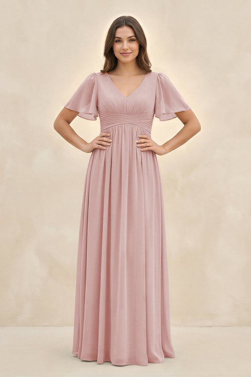 Short Sleeve Chiffon V - Neck A - Line Bridesmaid Dress in Dusty Rose - KissProm Bridesmaid Dresses