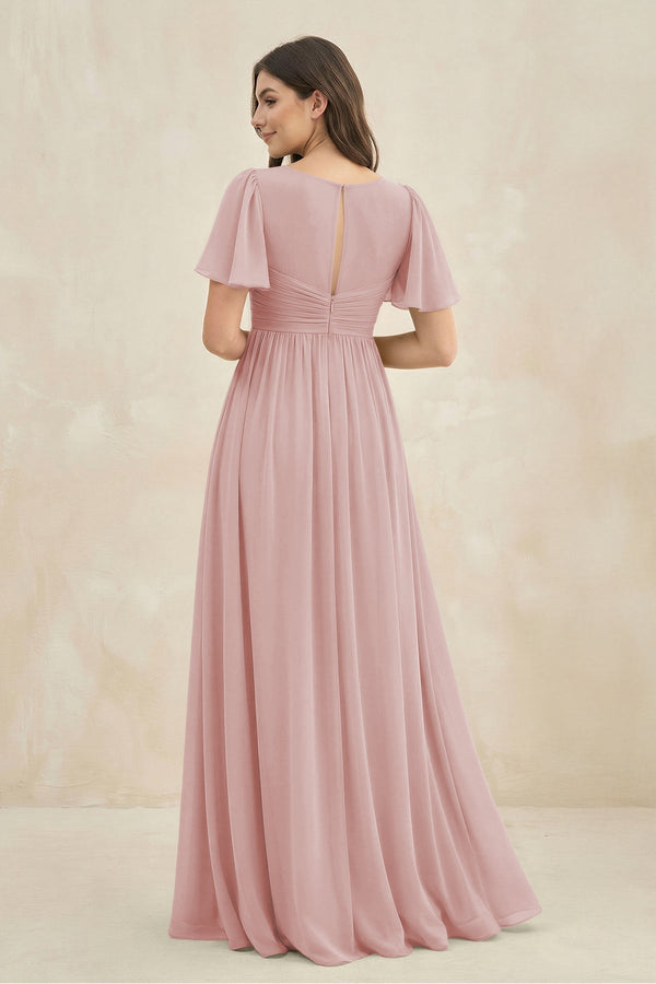 Short Sleeve Chiffon V - Neck A - Line Bridesmaid Dress in Dusty Rose - KissProm Bridesmaid Dresses