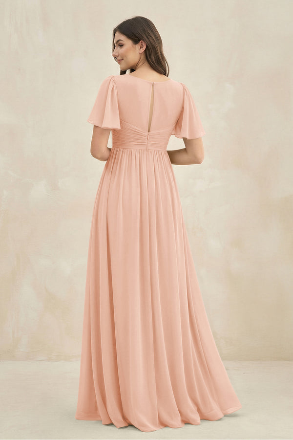 Short Sleeve Chiffon V - Neck A - Line Bridesmaid Dress in English Rose - KissProm Bridesmaid Dresses