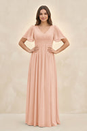 Short Sleeve Chiffon V - Neck A - Line Bridesmaid Dress in English Rose - KissProm Bridesmaid Dresses