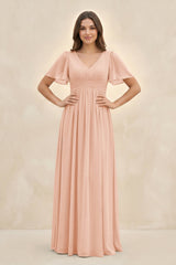 Short Sleeve Chiffon V - Neck A - Line Bridesmaid Dress in English Rose - KissProm Bridesmaid Dresses