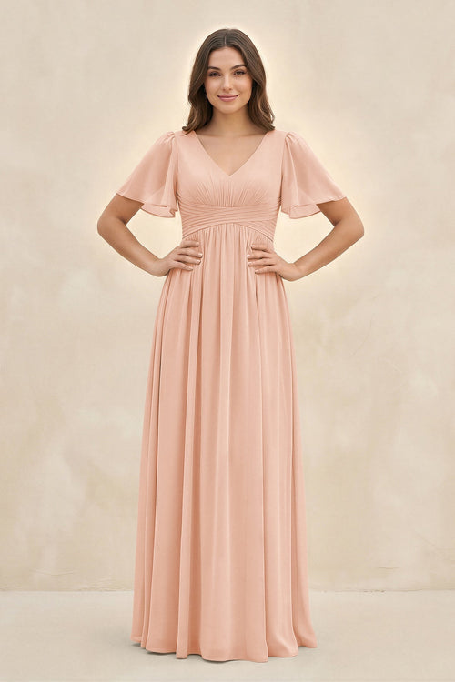 Short Sleeve Chiffon V - Neck A - Line Bridesmaid Dress in English Rose - KissProm Bridesmaid Dresses