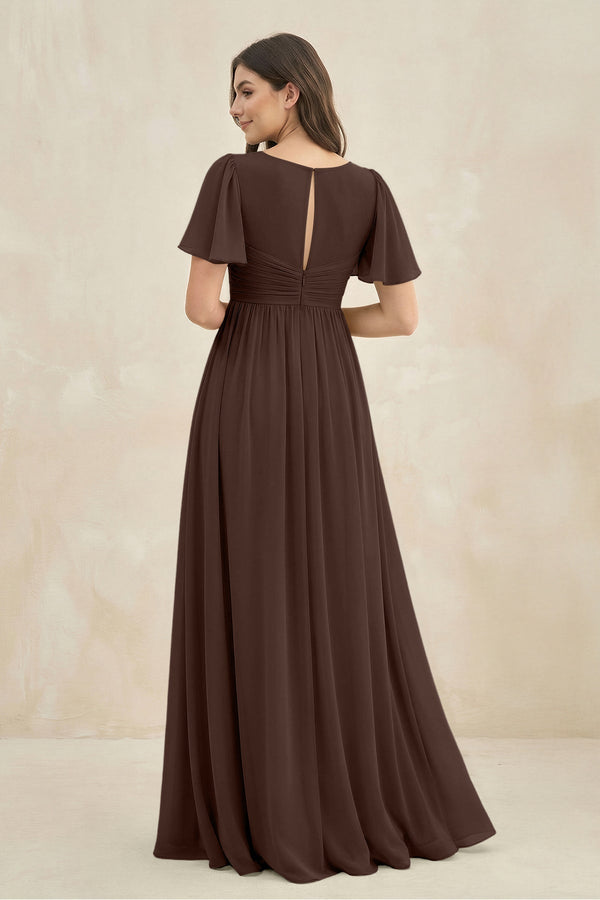 Short Sleeve Chiffon V - Neck A - Line Bridesmaid Dress in Espresso - KissProm Bridesmaid Dresses
