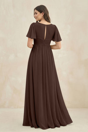 Short Sleeve Chiffon V - Neck A - Line Bridesmaid Dress in Espresso - KissProm Bridesmaid Dresses