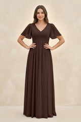 Short Sleeve Chiffon V - Neck A - Line Bridesmaid Dress in Espresso - KissProm Bridesmaid Dresses
