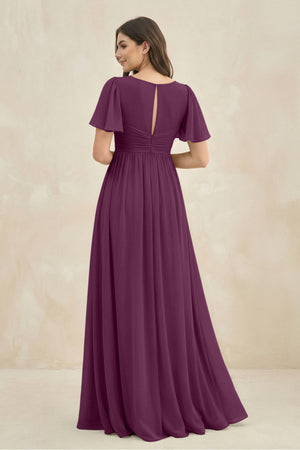 Short Sleeve Chiffon V - Neck A - Line Bridesmaid Dress in Fig - KissProm Bridesmaid Dresses