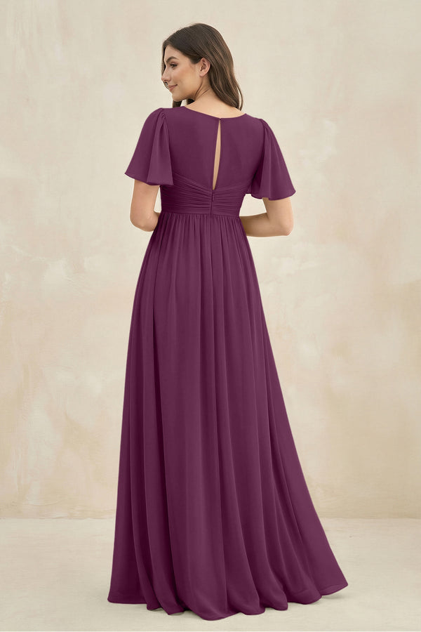 Short Sleeve Chiffon V - Neck A - Line Bridesmaid Dress in Fig - KissProm Bridesmaid Dresses