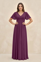 Short Sleeve Chiffon V - Neck A - Line Bridesmaid Dress in Fig - KissProm Bridesmaid Dresses