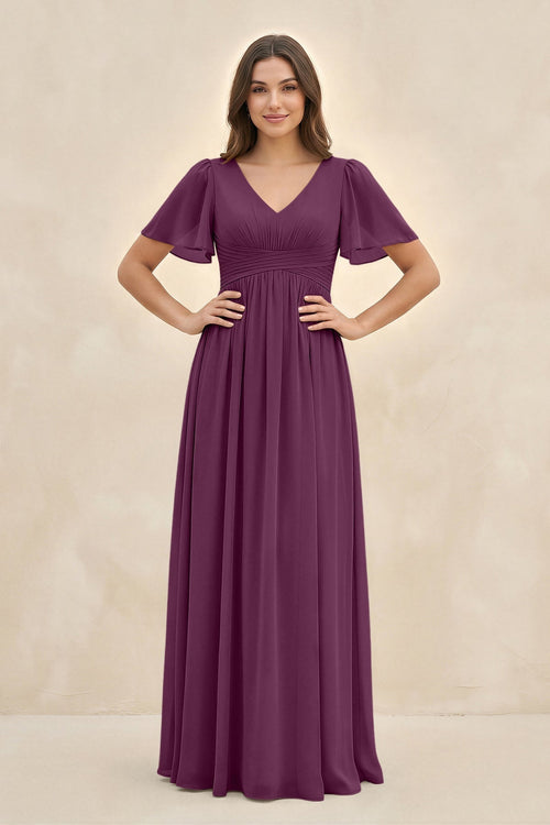 Short Sleeve Chiffon V - Neck A - Line Bridesmaid Dress in Fig - KissProm Bridesmaid Dresses