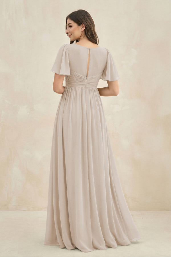 Short Sleeve Chiffon V - Neck A - Line Bridesmaid Dress in Frost - KissProm Bridesmaid Dresses