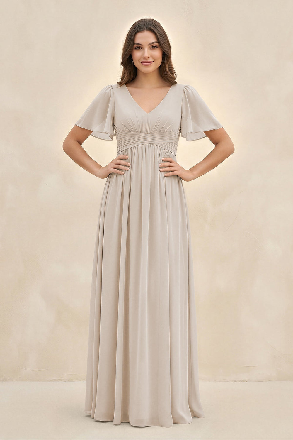 Short Sleeve Chiffon V - Neck A - Line Bridesmaid Dress in Frost - KissProm Bridesmaid Dresses