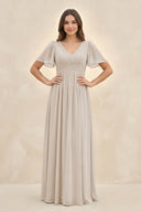Short Sleeve Chiffon V - Neck A - Line Bridesmaid Dress in Frost - KissProm Bridesmaid Dresses