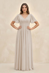 Short Sleeve Chiffon V - Neck A - Line Bridesmaid Dress in Frost - KissProm Bridesmaid Dresses