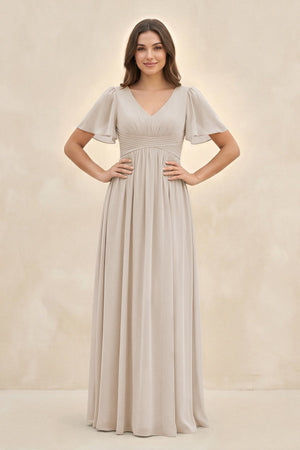 Short Sleeve Chiffon V - Neck A - Line Bridesmaid Dress in Frost - KissProm Bridesmaid Dresses