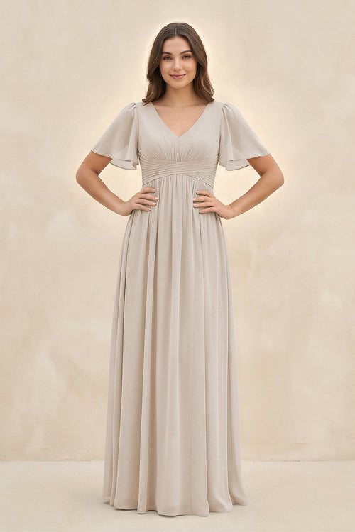 Short Sleeve Chiffon V - Neck A - Line Bridesmaid Dress in Frost - KissProm Bridesmaid Dresses