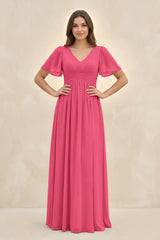Short Sleeve Chiffon V - Neck A - Line Bridesmaid Dress in Fuchsia - KissProm Bridesmaid Dresses