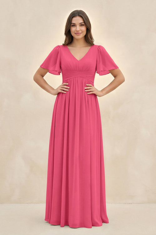 Short Sleeve Chiffon V - Neck A - Line Bridesmaid Dress in Fuchsia - KissProm Bridesmaid Dresses