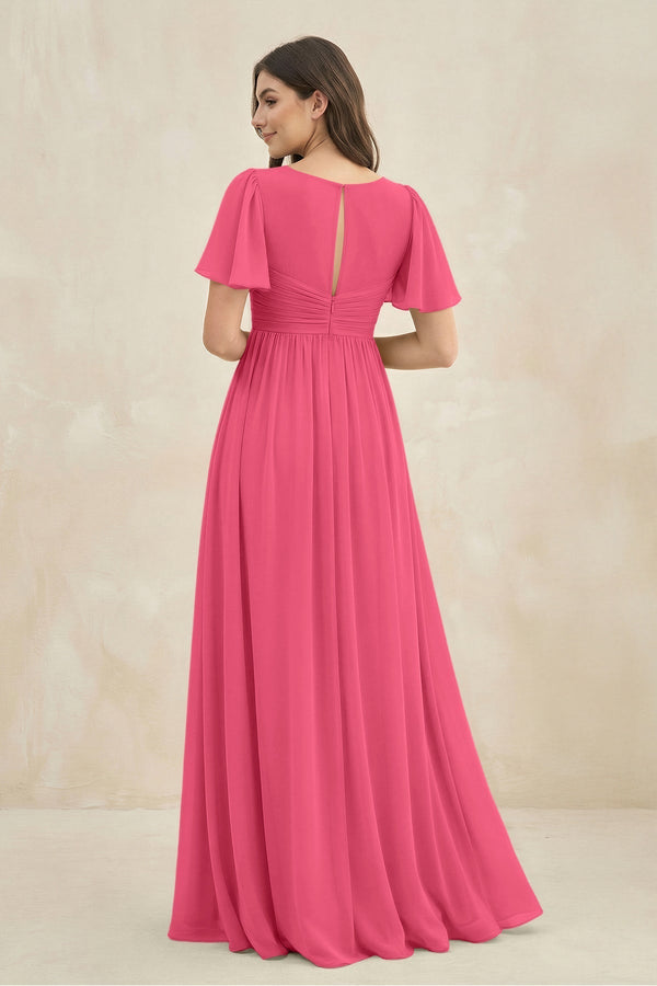 Short Sleeve Chiffon V - Neck A - Line Bridesmaid Dress in Fuchsia - KissProm Bridesmaid Dresses