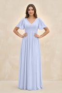 Short Sleeve Chiffon V - Neck A - Line Bridesmaid Dress in Ice - KissProm Bridesmaid Dresses