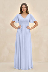 Short Sleeve Chiffon V - Neck A - Line Bridesmaid Dress in Ice - KissProm Bridesmaid Dresses