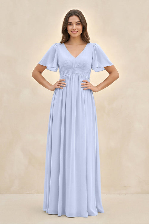 Short Sleeve Chiffon V - Neck A - Line Bridesmaid Dress in Ice - KissProm Bridesmaid Dresses